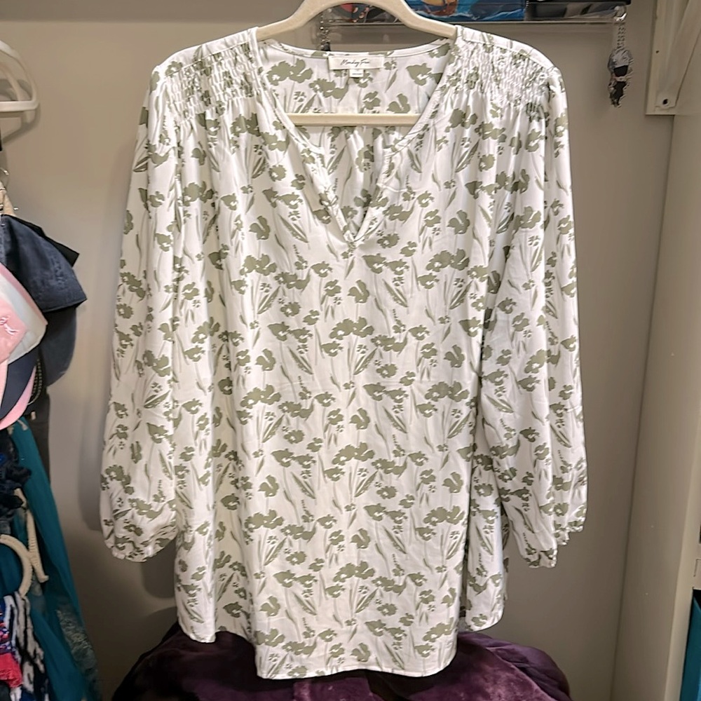 White with Green Flowers Long-Sleeved Blouse. Monday Fun, 1X, Made in China.